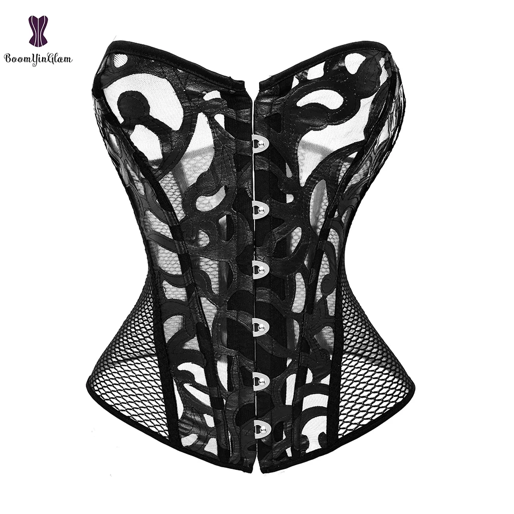 Billionm Women's Breathable Shapwear Costumes Sexy Transparent Mesh Corselet Hollow Out Corset Bustier Top With G String 930#