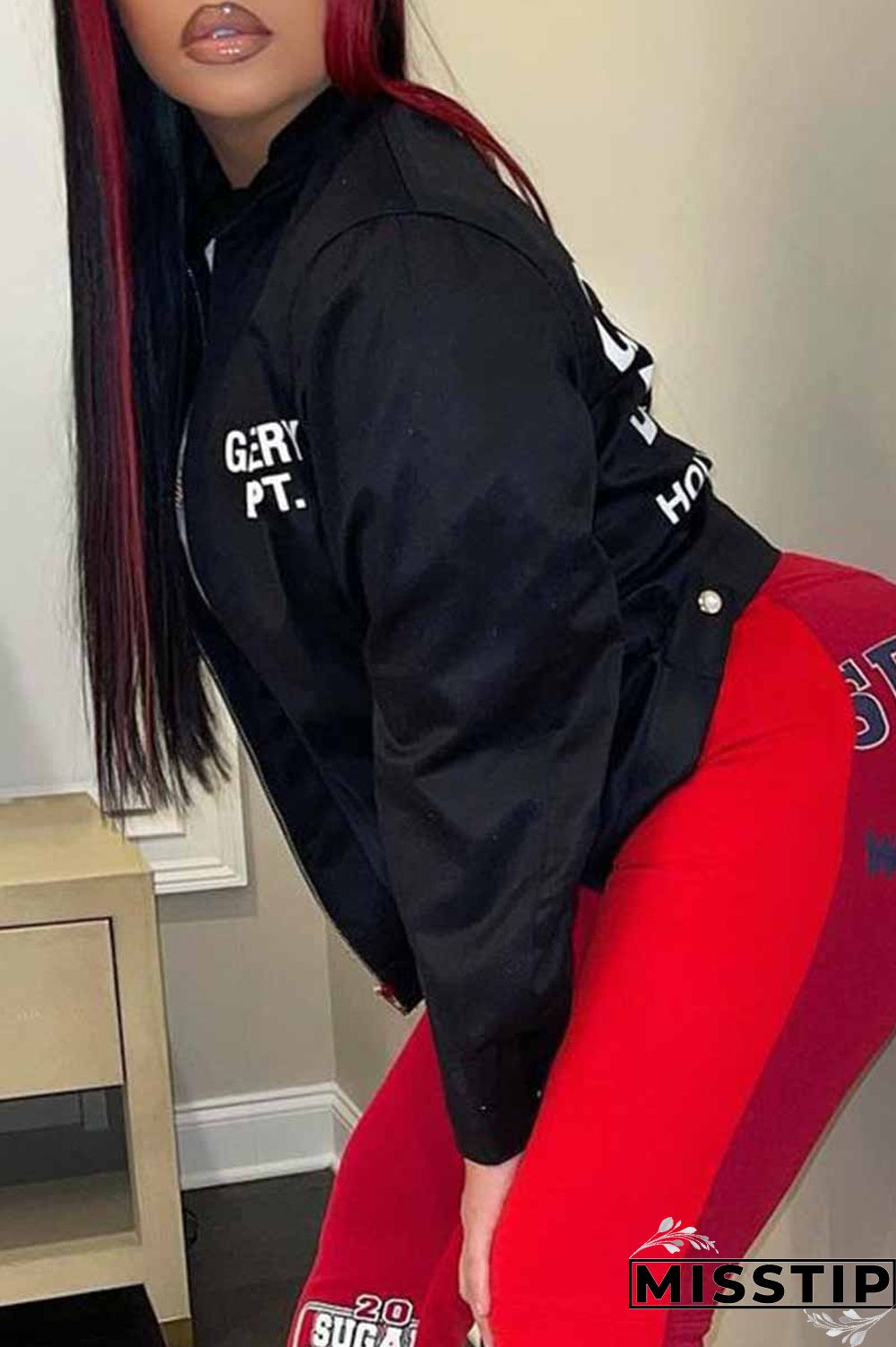 Black Street Print Letter Turndown Collar Outerwear