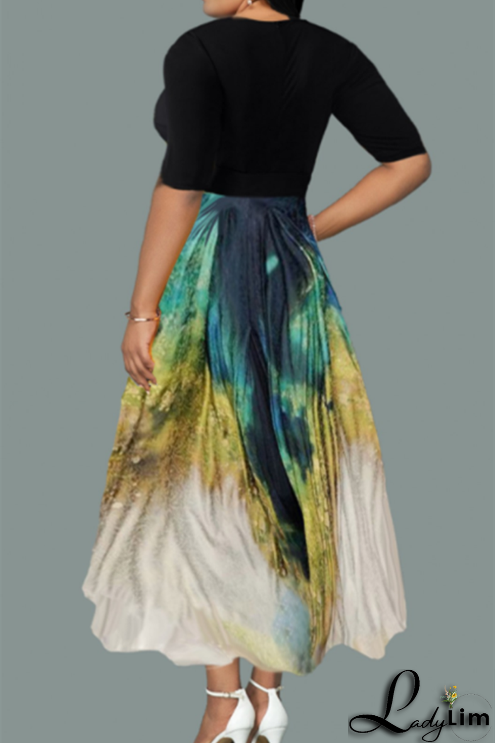 Black Fashion Casual Print Split Joint With Belt V Neck Long Dress