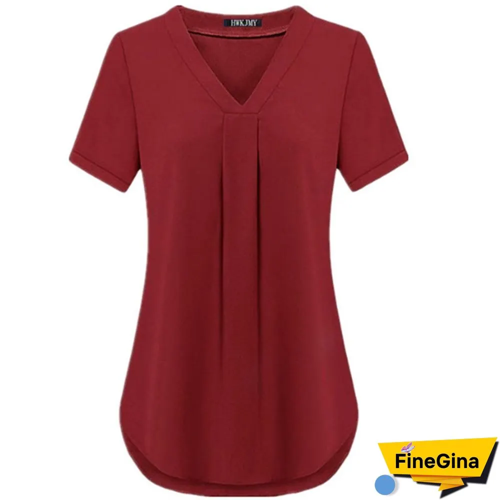 Womens Fashion Summer Sexy V-neck Short Sleeve Shirt Solid Color Loose Pleated Chiffon T
