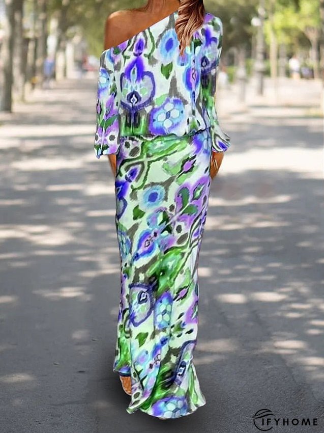 Two Piece Dress Set Casual Dress Sheath Dress Outdoor Daily Fashion Streetwear Print Maxi Dress One Shoulder Long Sleeve Graphic Abstract Loose Fit Red Royal Blue Sky Blue Summer Spring S M L for Women | IFYHOME