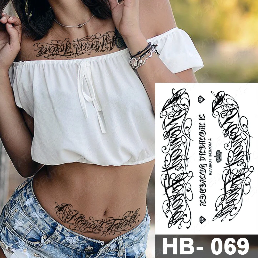 Black Word Waterproof Temporary Tattoo Sticker English Sanskrit Arabic Letter Language Totem Sexy Body Art Fake Tatto Women Men