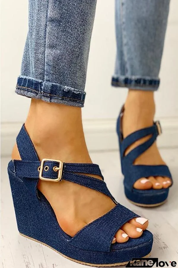 Buckles Cross Denim Wedges