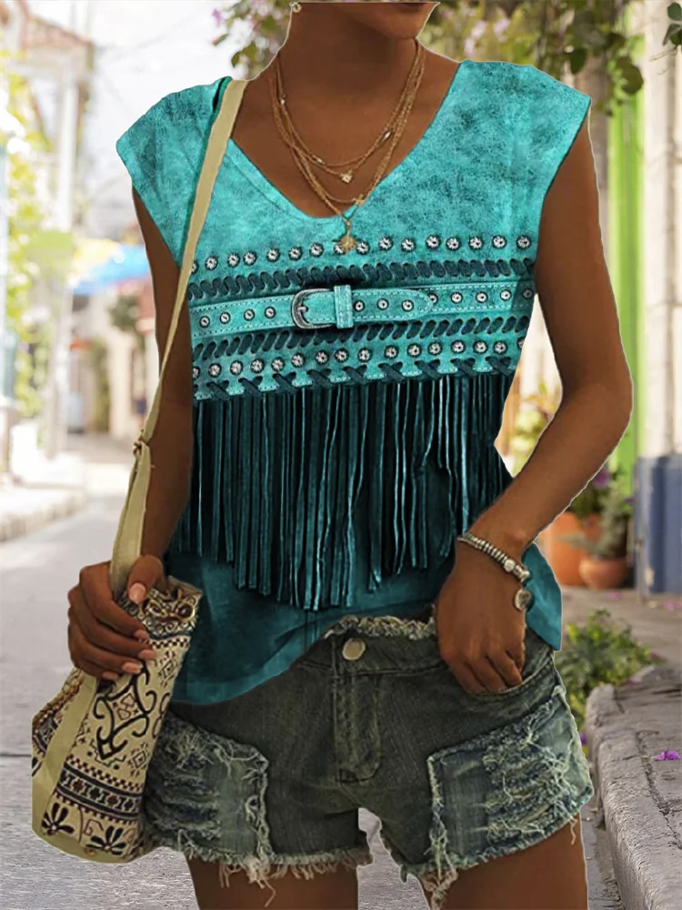 Studded Buckled Tassels V Neck Tank Top
