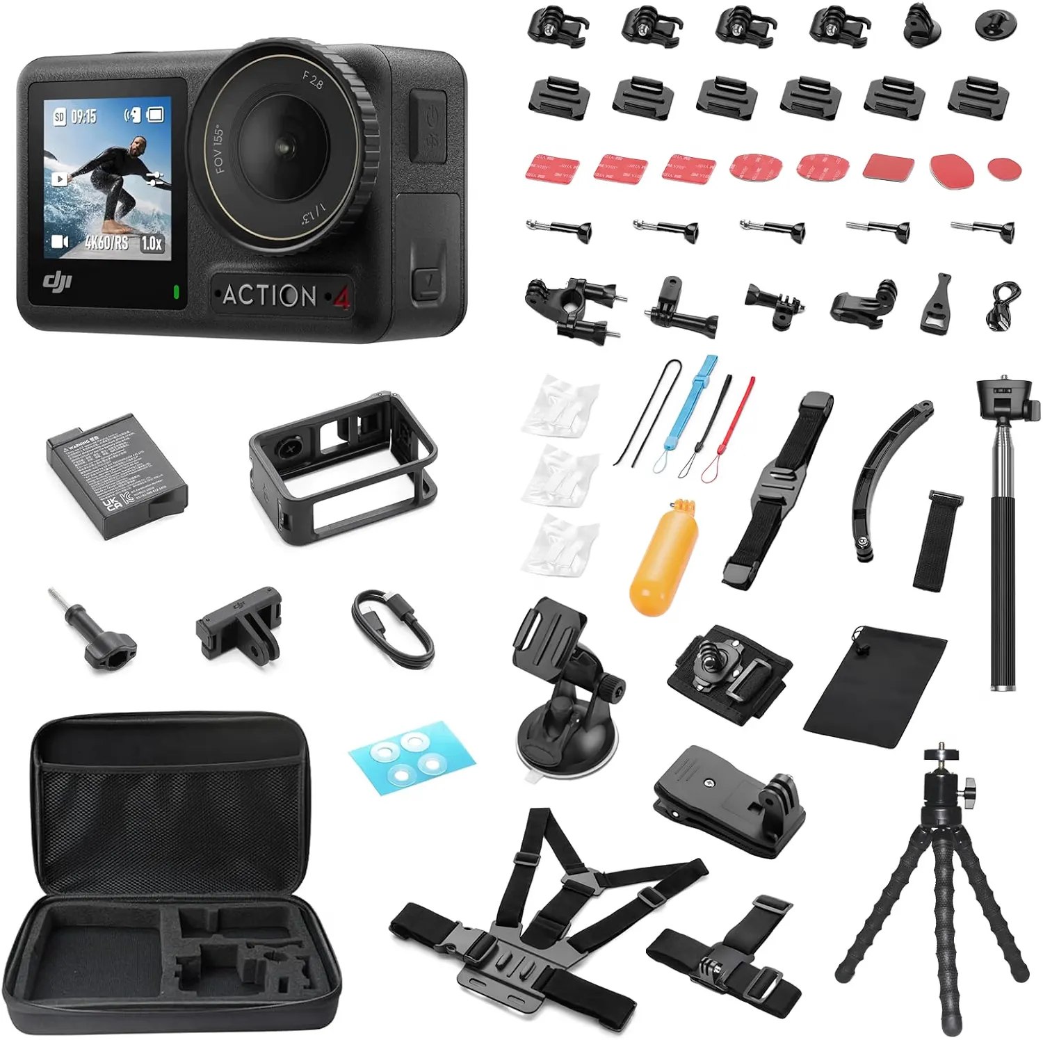 DJI Osmo Action 4 Waterproof Action Camera Bundle, 1/1.3" Sensor 4K/120fps Video, Stunning Low-Light Imaging, Original Essential Combo + 58 Piece Accessory Kit