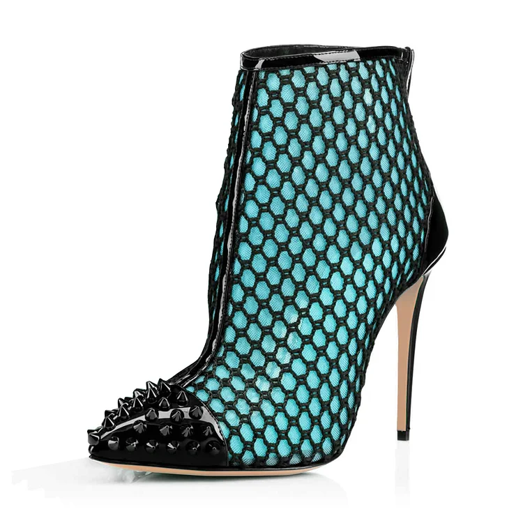Cyan Mesh Stiletto Boots Rivets Pointy Toe Summer Ankle Boots |FSJ Shoes