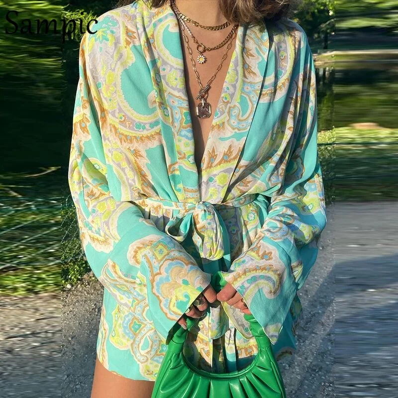 Sampic Summer Green Bandage Casual V Neck Loose Mini Long Sleeve Blouse Dress Tie Dye Print Chic Party Club Fashion Short Dress