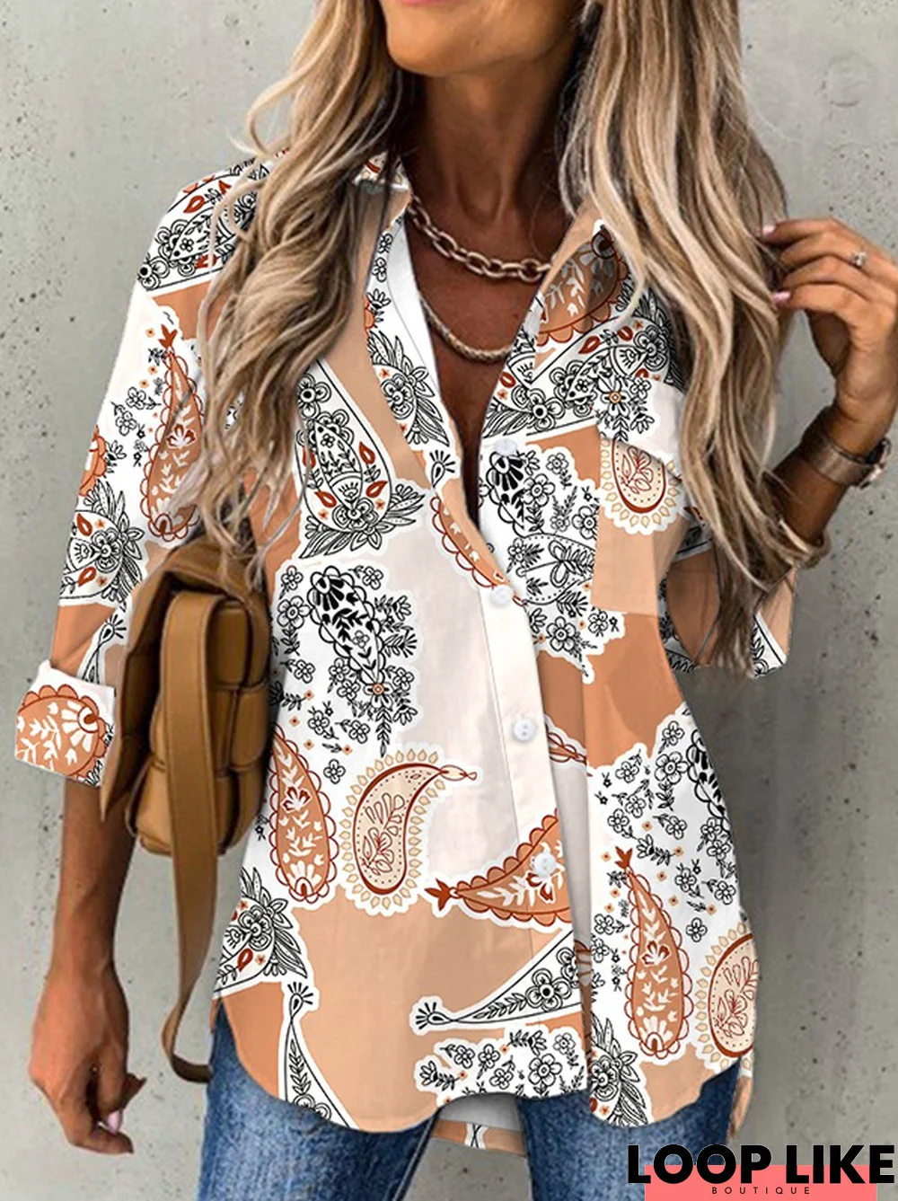 Casual Printed Shirt Collar Long Sleeve Blouse