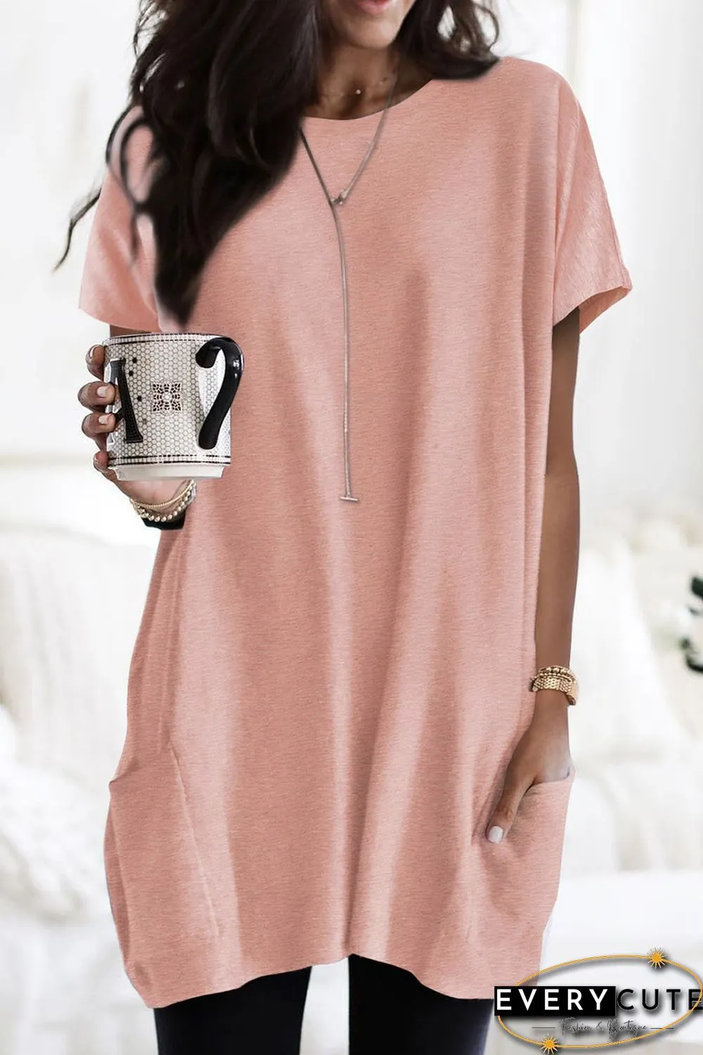 Pink Side Pockets Short Sleeve Tunic Top