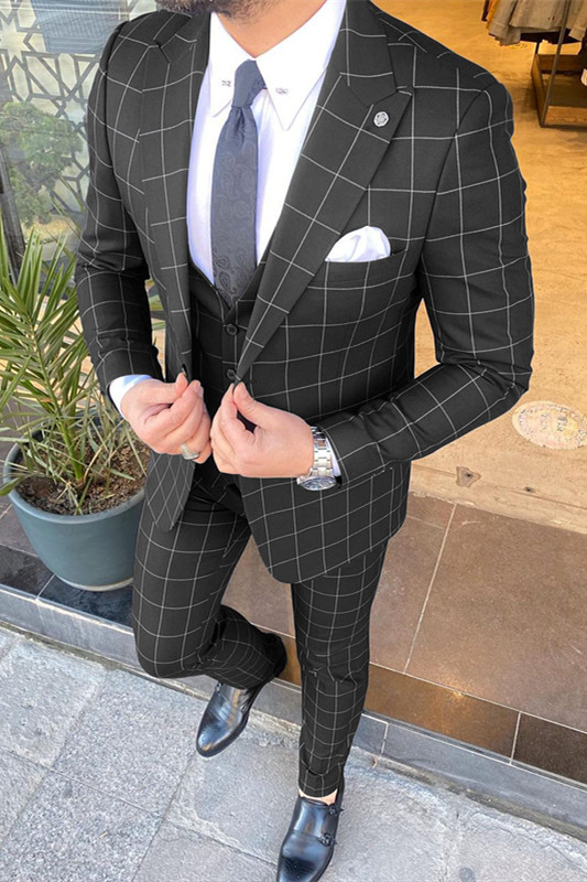 Bellasprom Modern Three Piecess Peaked Lapel Guys Suits Black With Plaid Bellasprom