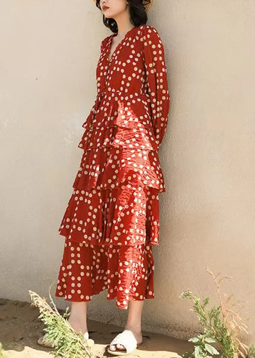 Beautiful Red Ruffled Dot Chiffon Long Dresses Spring