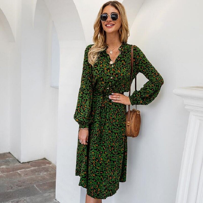2020 New Women Long Leopard Print Dress Women Elegent Full Sleeve V Neck Spring Summer Dress Female Mid Calf Dress Office Lady