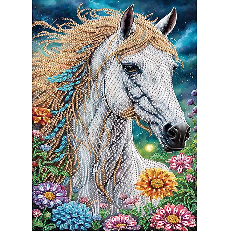 White Horse In The Flowers 30*40cm (Canvas) Special Shaped Drill Diamond Painting gbfke