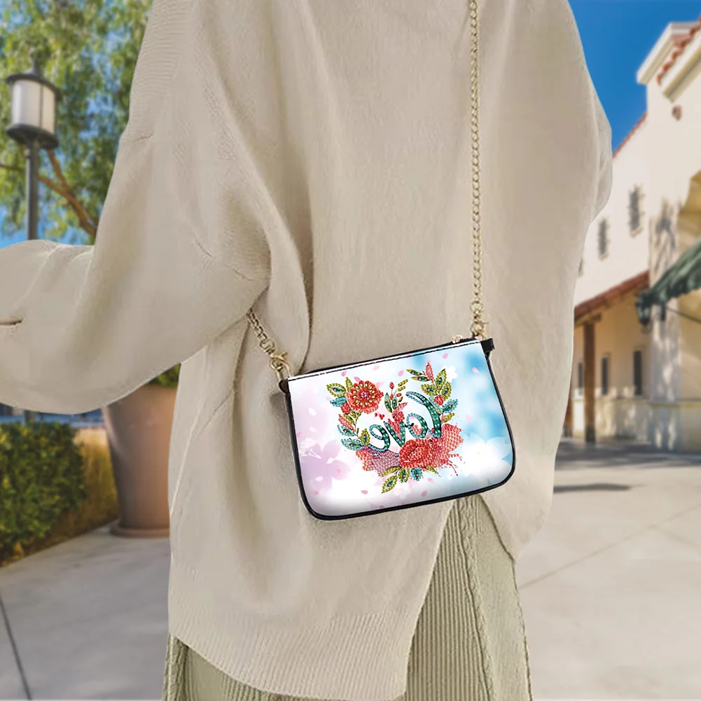 5D DIY Flower Love Diamond Painting Coin Chain Purse Diamond Handmade Crossbody Bag