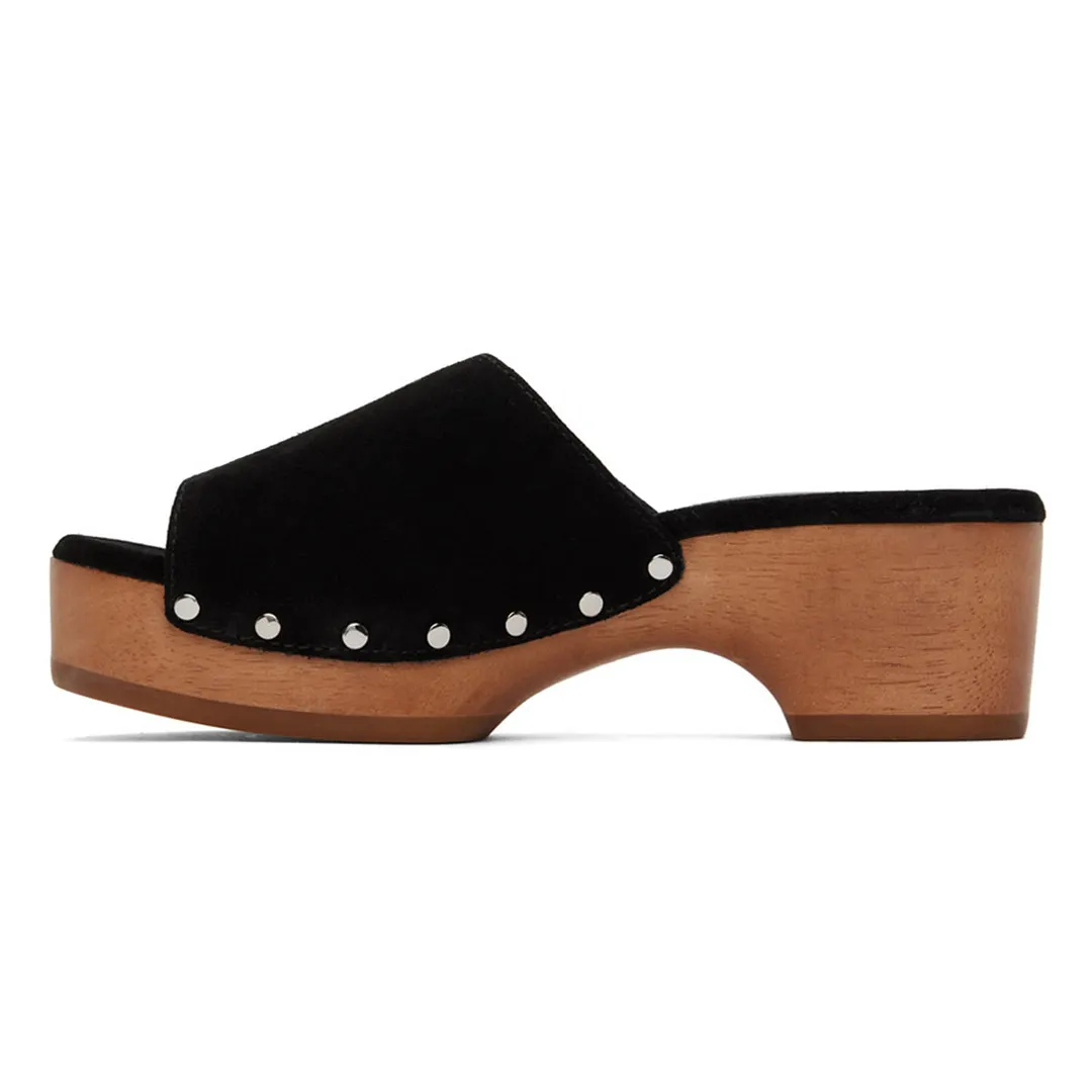 Black Vegan Suede Open Toe Studded Chunky Heel Slide with Platform