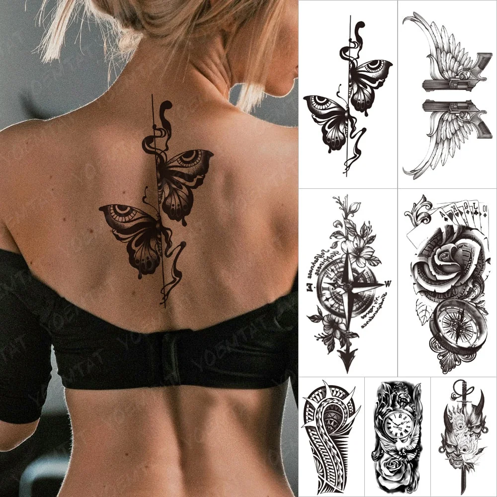 Waterproof Temporary Tattoo Sticker Old School Moth Butterfly Tatto Compass Flowers Wing Clock Body Art Arm Fake Sleeve Tatoo