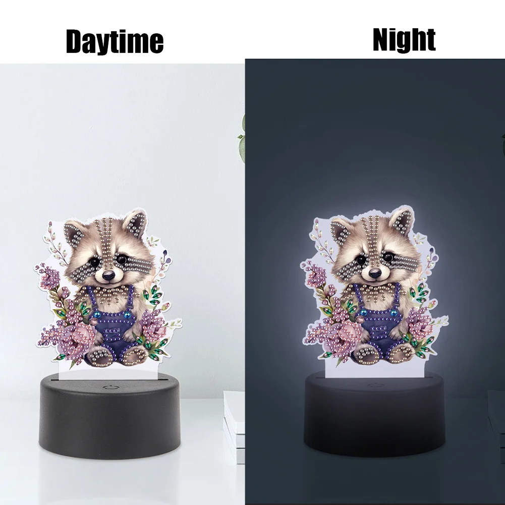 5D DIY Acrylic Raccoon Double Sided Diamond Painting LED Night Light for Adults