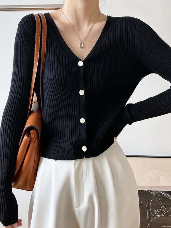 Solid Color V-Neck Simple Casual Long Sleeve Kintwear