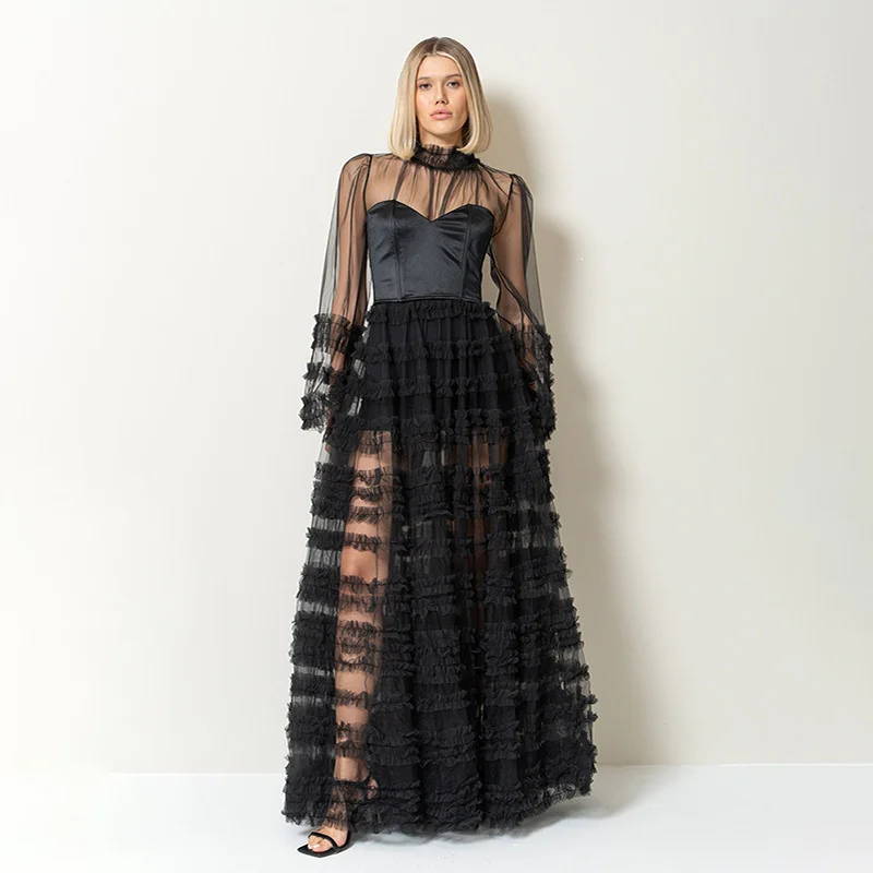 Zingj Spring 2025 New Fashion Round-Neck Mesh Splicing Design Perspective Advanced Sense Long Dress Dress Woman