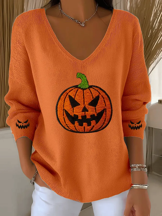 Women's Ghost Face Pumpkin Print Casual Striped Fabric Long Sleeve T-shirt 