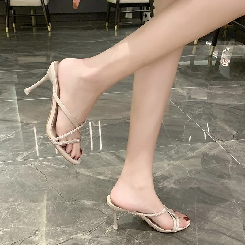 Breakj Breakj Sandals Water Drill Women's Fine And Exposed Toe 2025 Summer New One-Word With Half-Slippers Wearing Net Red Tide