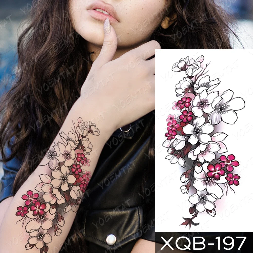 Waterproof Temporary Tattoo Sticker Sakura Plum Flowers Tattoos Line Minimalism Body Art Arm Fake Sleeve Tatoo Women Men
