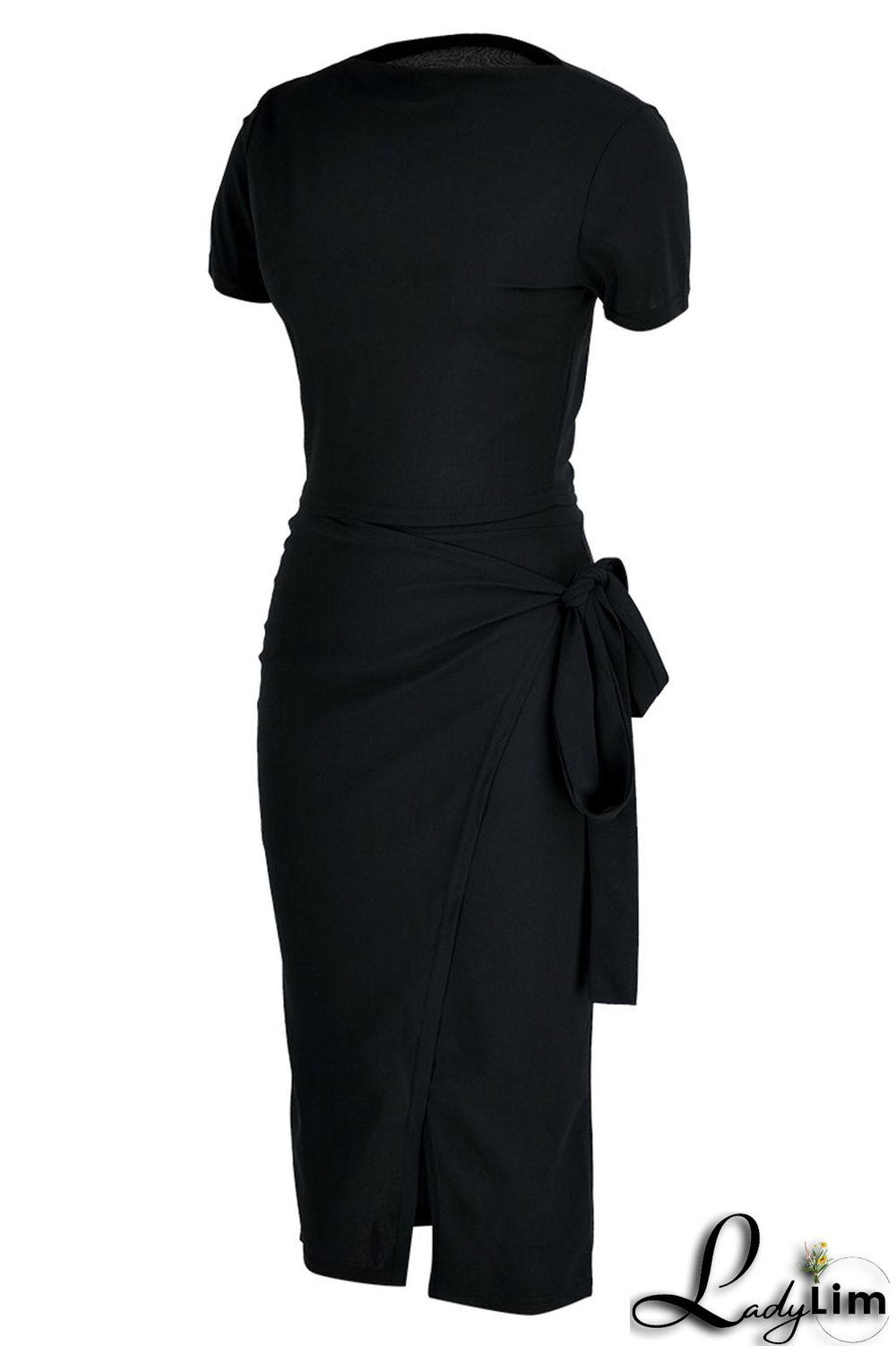 Black Celebrities Solid Bandage Patchwork Slit O Neck Short Sleeve Two Pieces