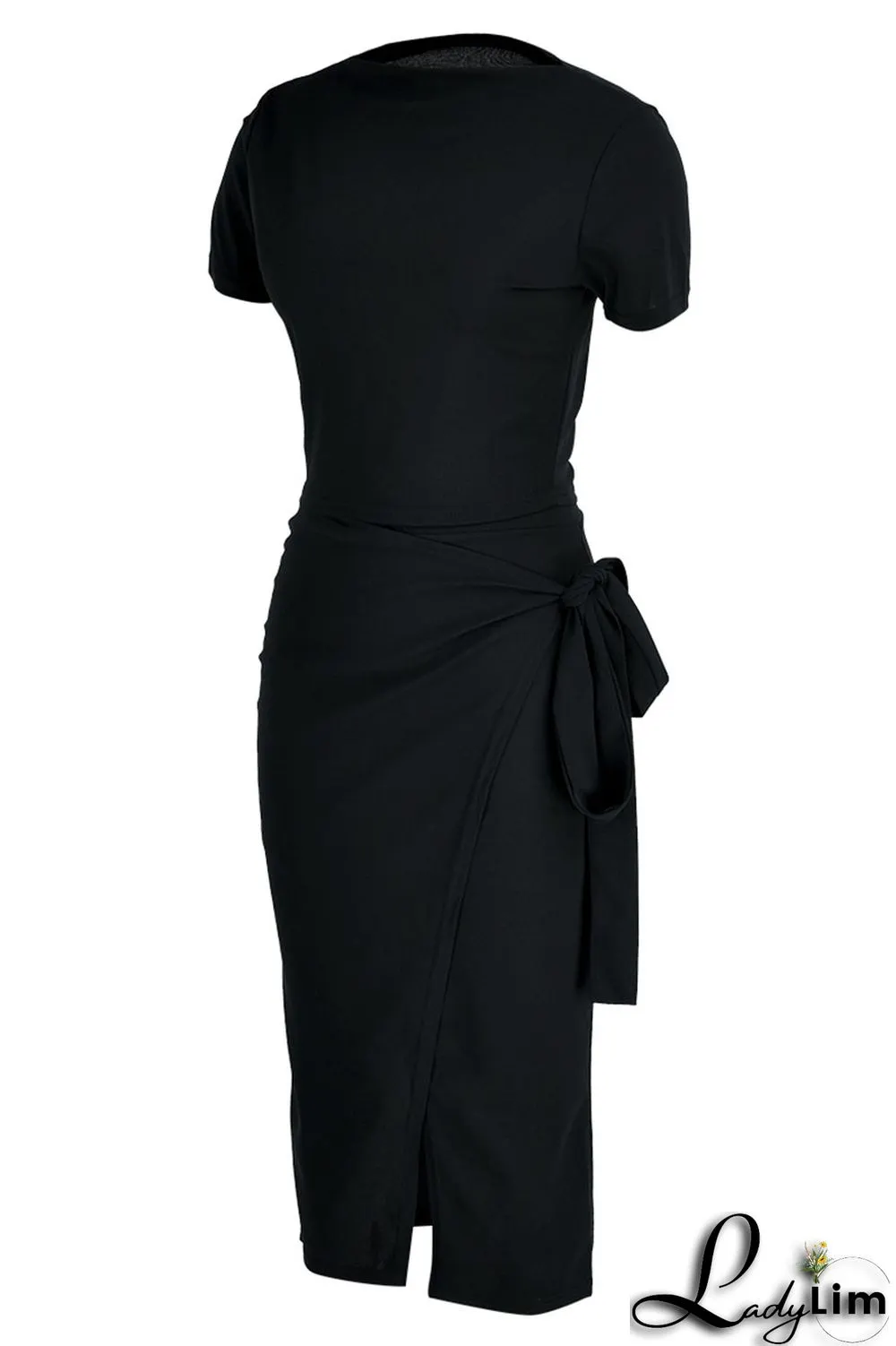 Black Celebrities Solid Bandage Patchwork Slit O Neck Short Sleeve Two Pieces