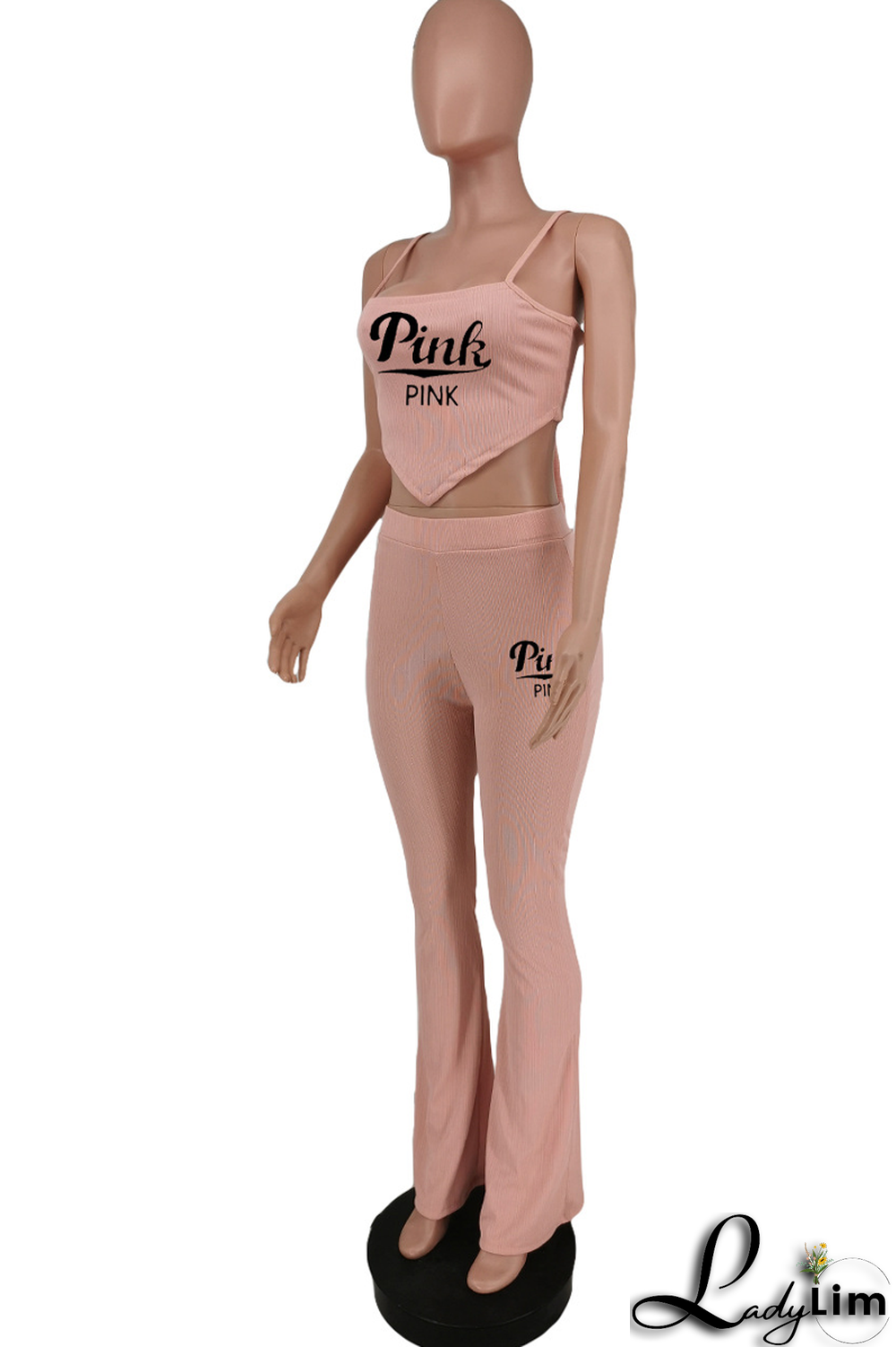 Orange Casual Print Letter Spaghetti Strap Sleeveless Two Pieces