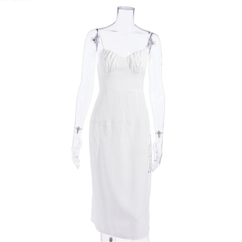 Elegant Satin White Dress 2021 Summer Sleeveless Lace Up Sexy Spaghetti Strap Long Dresses Women Vintage Women Party Midi Dress
