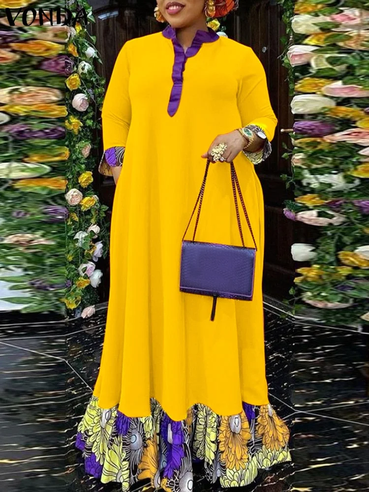 VONDA 2022 Summer Maxi Dress Women Vintage Floral Print Pleated 3/4 Sleeve Patchwork Sexy Dresses V Neck Bohemian Long Vestidos