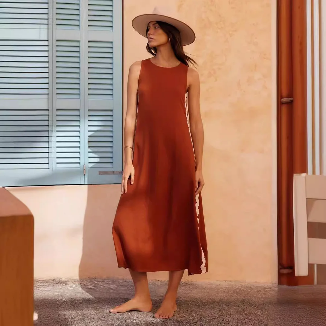 Zingj Zingj Spring And Summer Leisure Fashion Round Collar Vest Solid Color New Lace Splicing In The Long Dress 88007