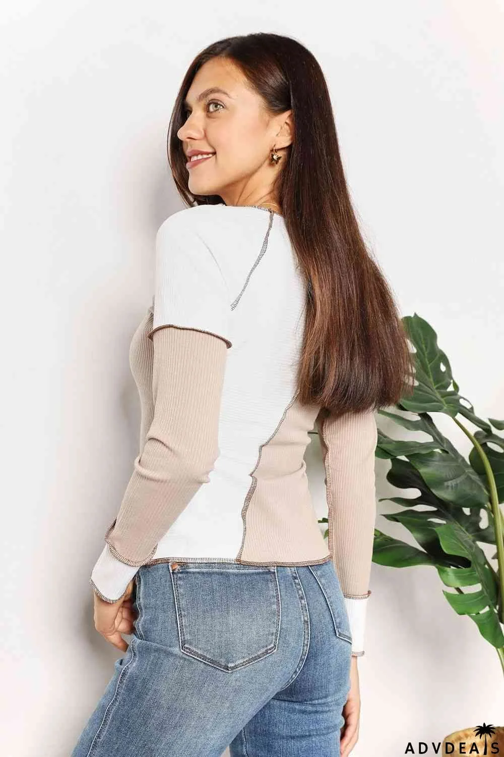 Double Take Color Block Exposed Seam Top