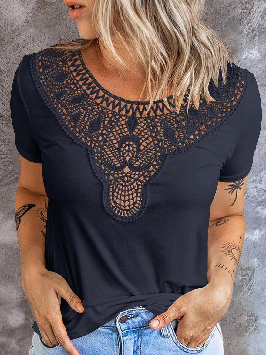 Lace Top Crew Neck Short Sleeve Summer Loose Tee Casual T-Shirt