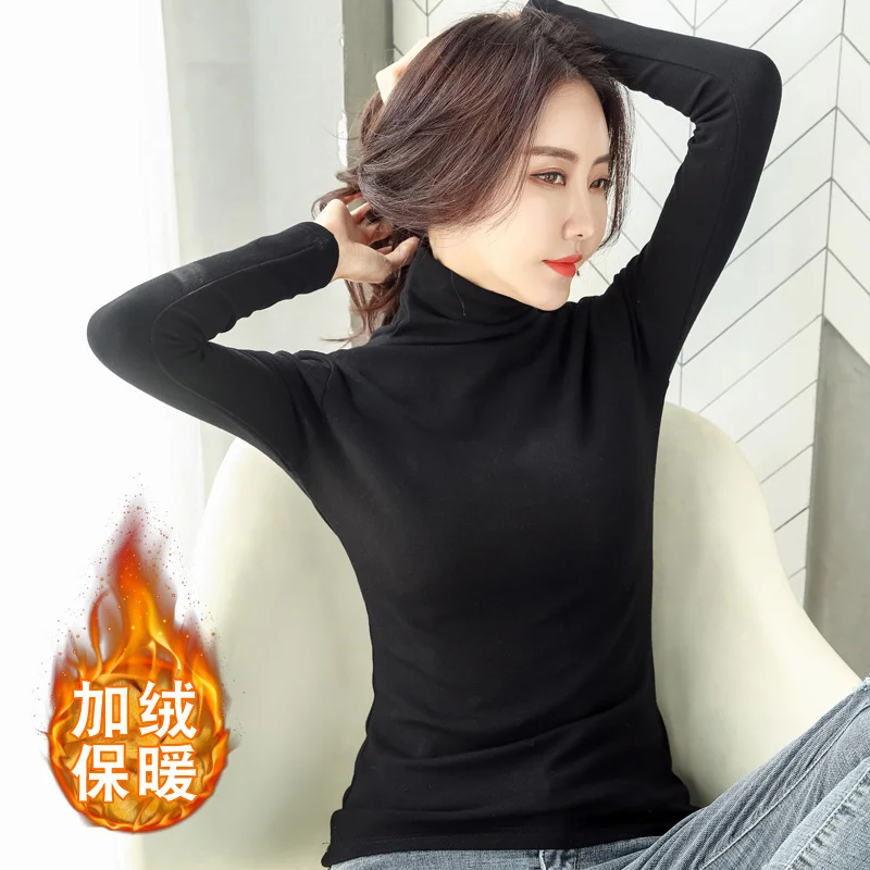 Brownm Brownm Autumn / Winter High Collar And Velvet Bottom Shirt Women Long Sleeve Pure Color Korean Women's Wear Warm Slim Slim T-Shirt Women Tide