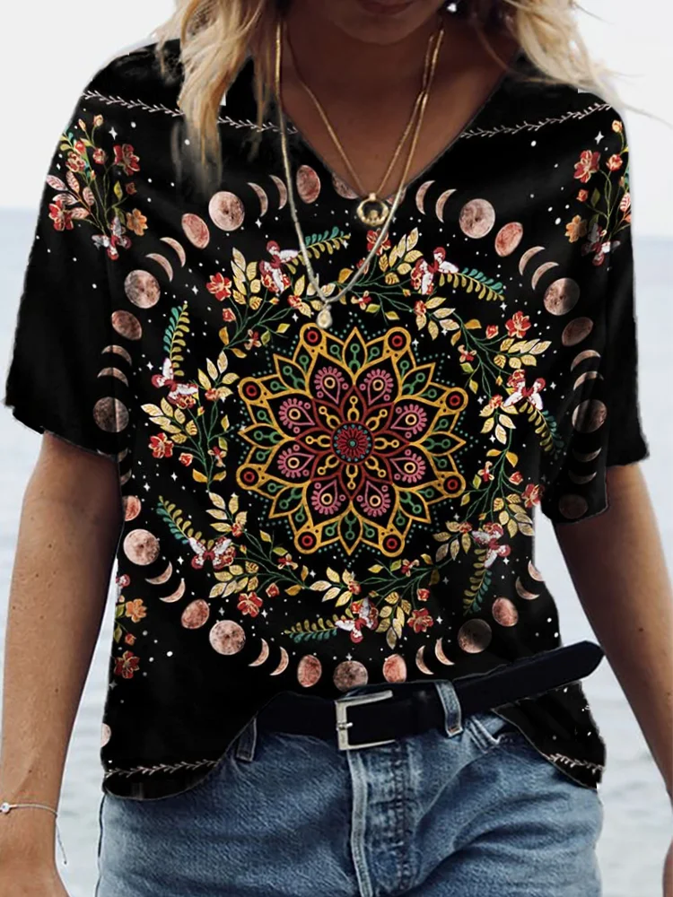 Bohemian Moon Phase Mandala T Shirt