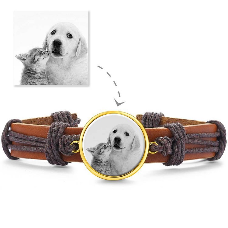 Photocopying Brown Leather Round-shaped Photo Bracelet