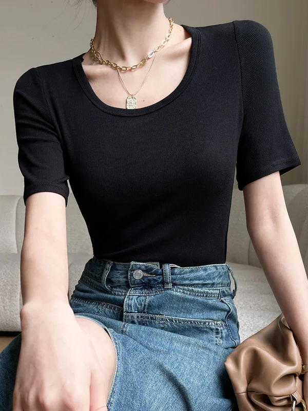 Solid Color Skinny Short Sleeves Round-Neck T-Shirts