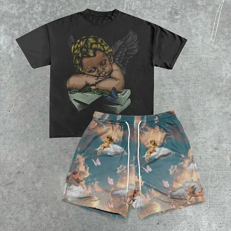 Angel Tide Brand Printed T-Shirt And Shorts Co-Ord