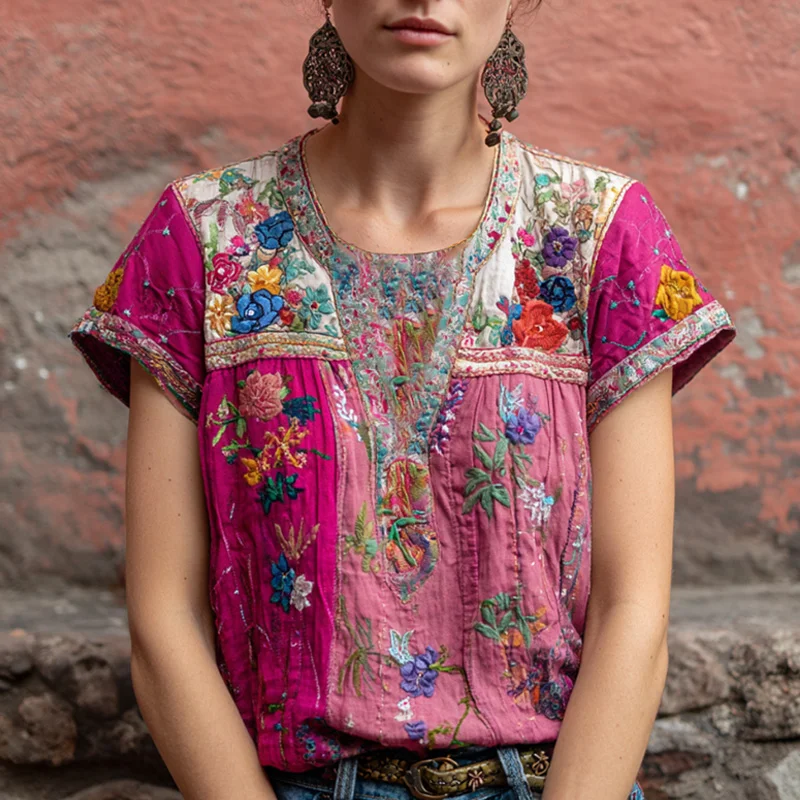 Women's Retro Ethnic Pink Awareness Flower Embroidery Printed T-shirt