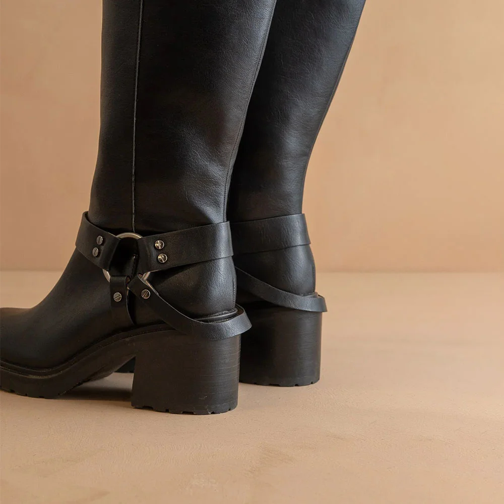 Black Faux Leather Round Toe Chunky Heel Studded Boots for Women