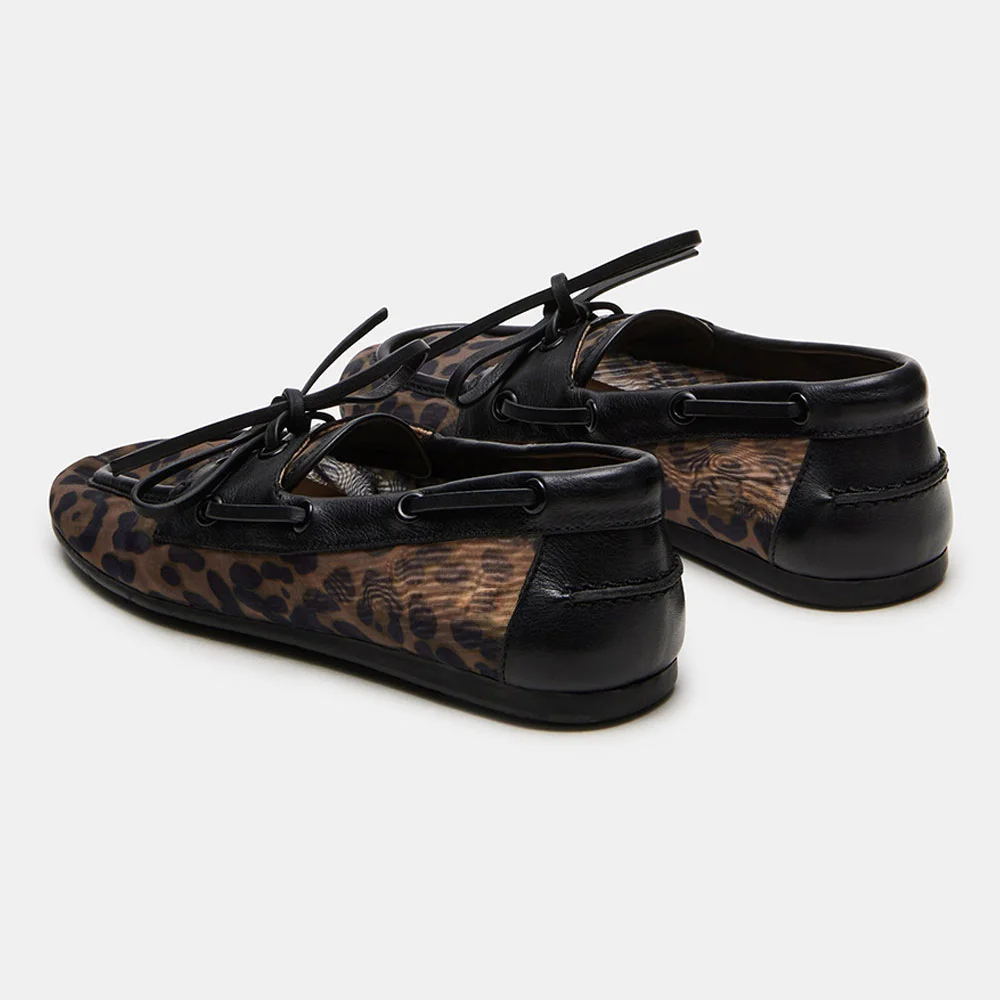 YDN Black Leopard Print Round Toe Lace-Up Flat Loafer Shoes Women