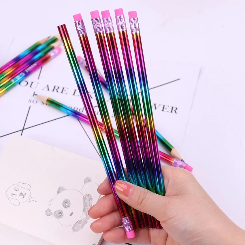12PCS Student Rainbow Wooden Pencil Kids Sketch Drawing Material Tool School Stationery Supplies