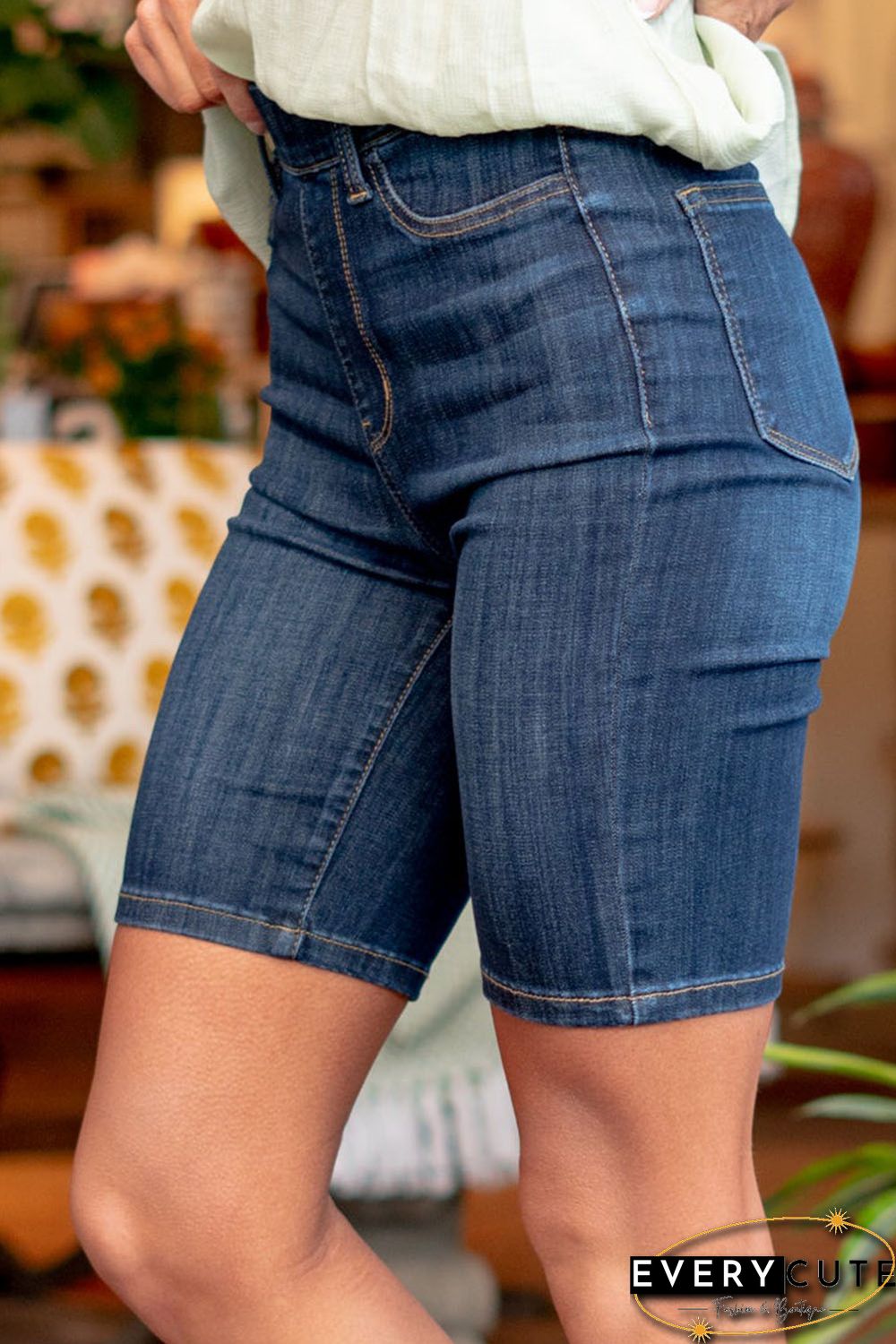 Blue Slim Fitted Denim Biker Shorts