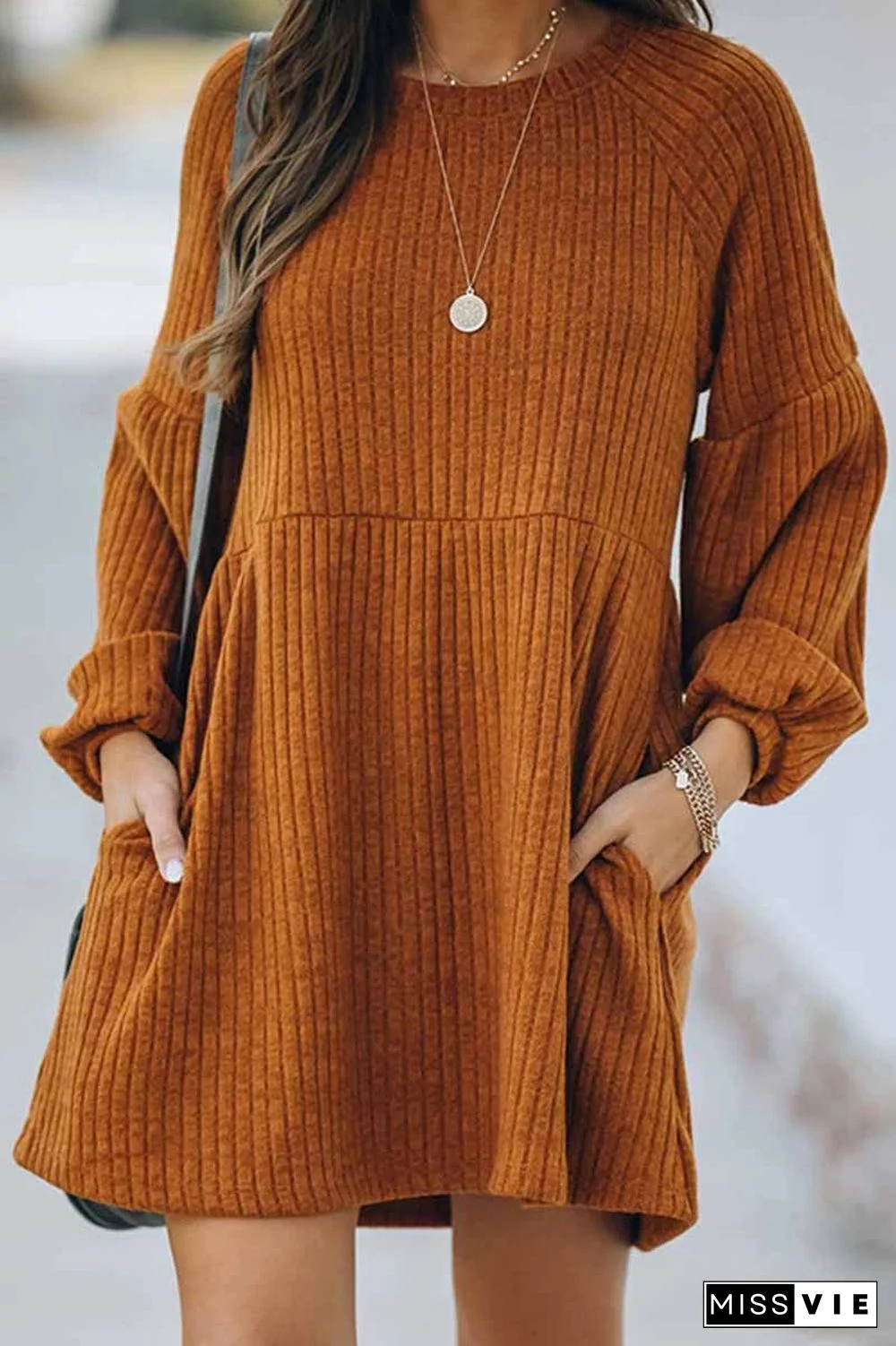 Round Neck Knitted Solid Color Mini Dress