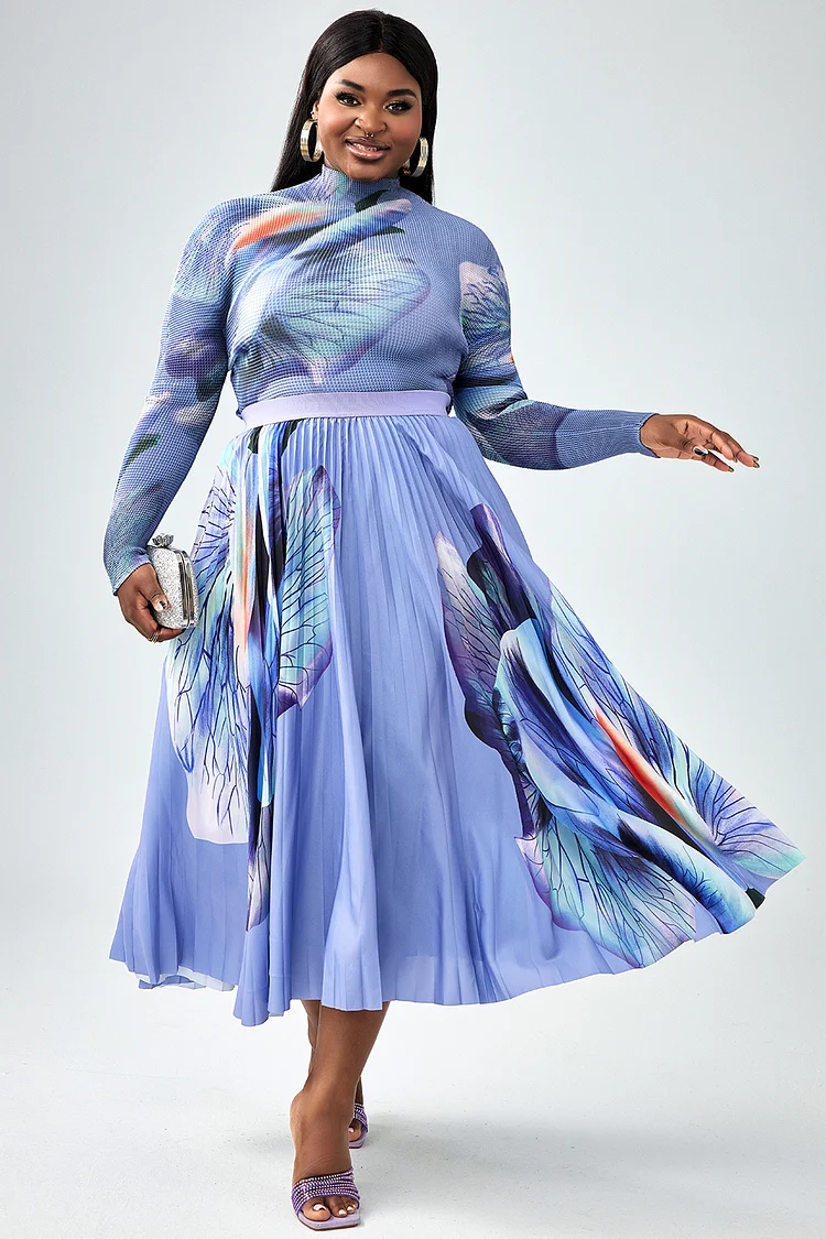 Xpluswear Design Plus Size Business Casual Blue Skirt Set Floral Print Long Sleeve Pleated Two Piece Skirt Set [Pre-Order]