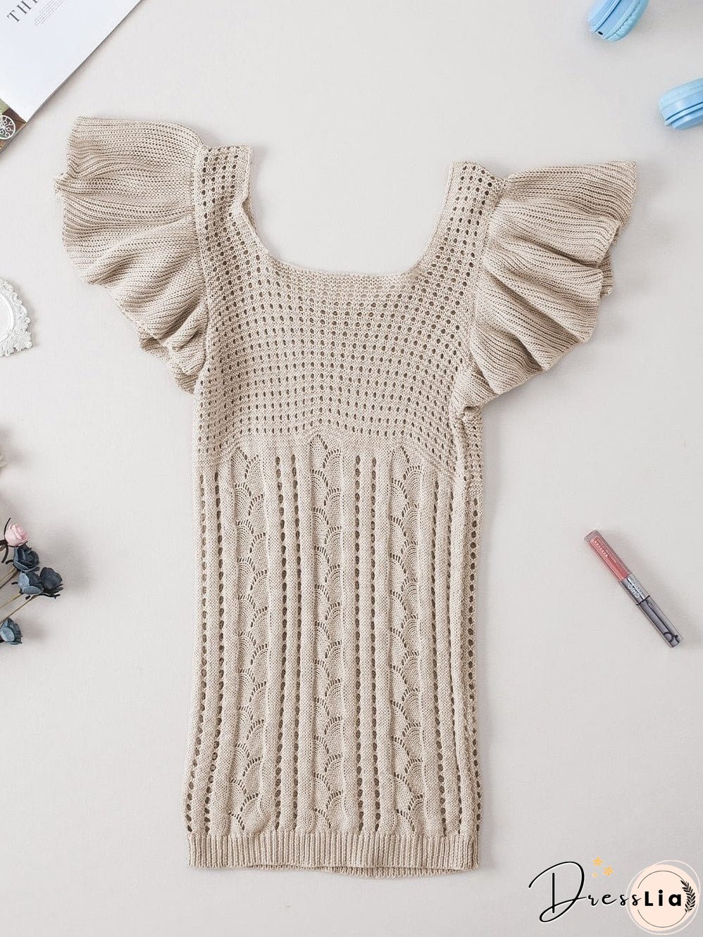 Beige Pointelle Knit Ruffle Sleeve Sweater for Chic Summer Styling