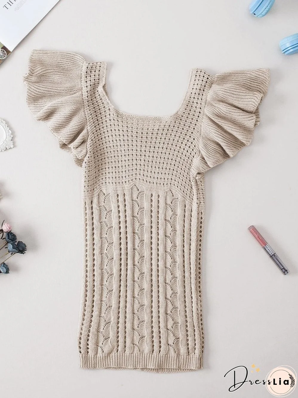 Beige Pointelle Knit Ruffle Sleeve Sweater for Chic Summer Styling