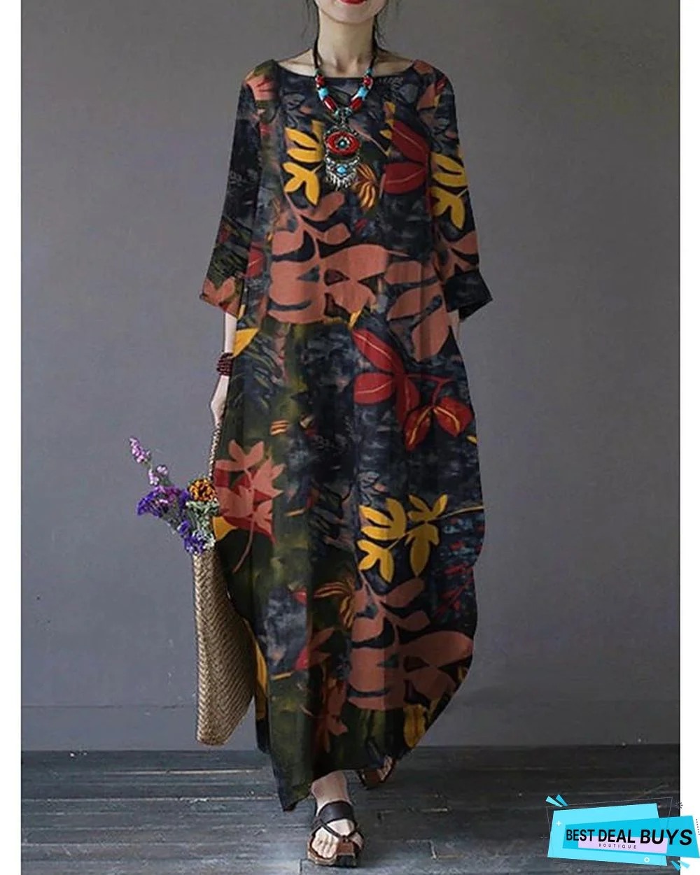 Women's Swing Dress Maxi Long Dress 3/4 Length Sleeve Print Fall Hot Vintage Chinoiserie Cotton Red Green Brown