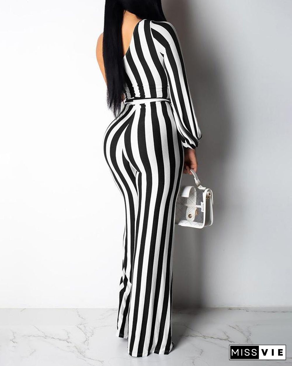 One Shoulder Striped Bleted Jumpsuit